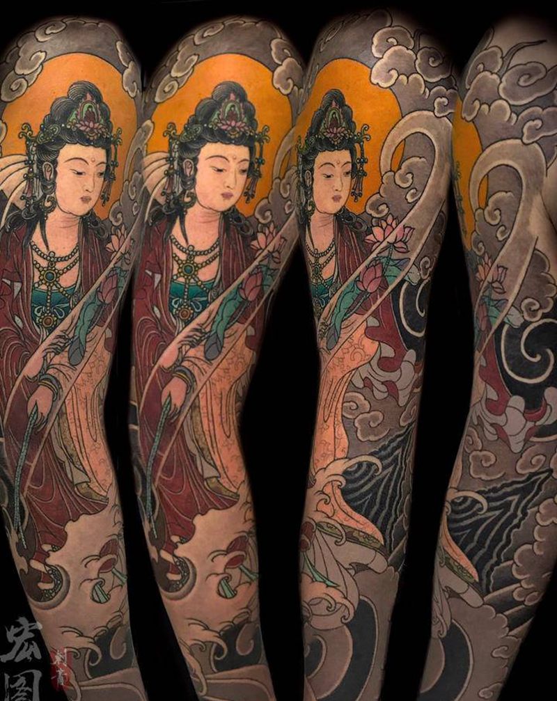 持莲观音纹身图片_手臂老传统新传统纹身图案