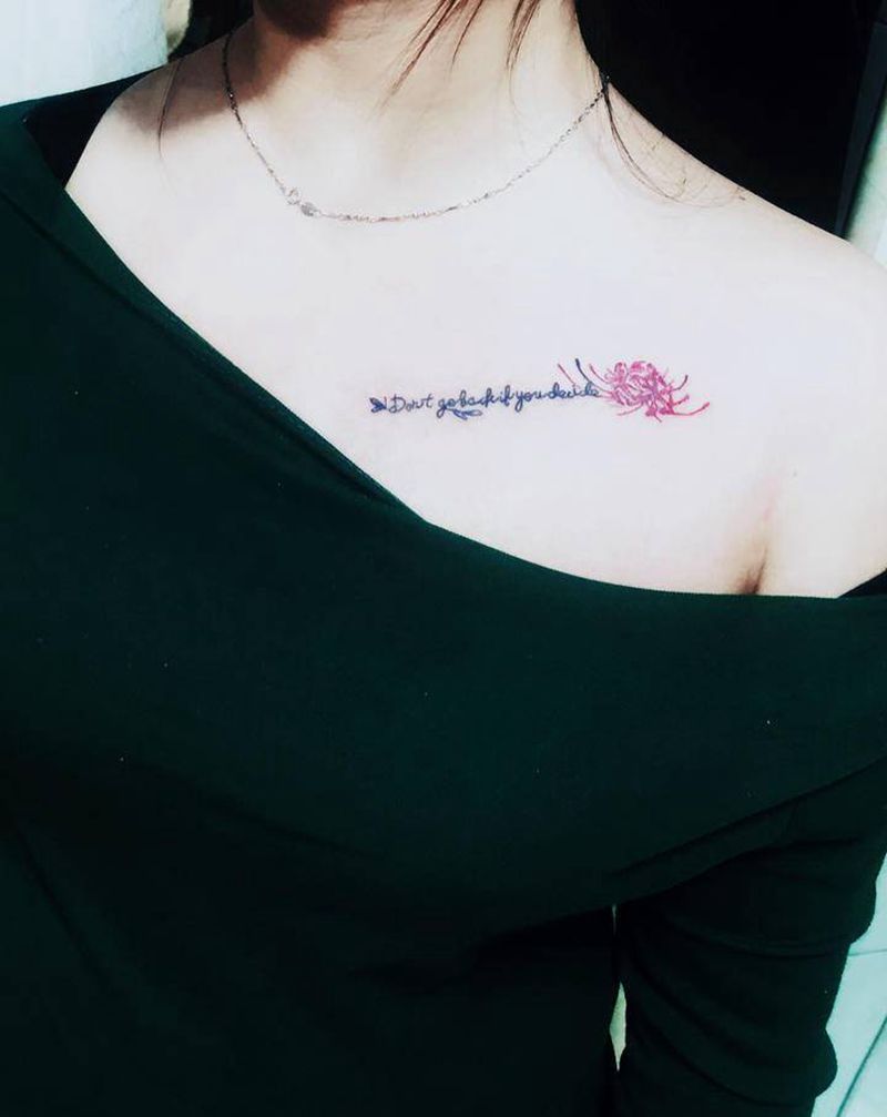 英文字体彼岸花纹身图片_背部胸部花体字纹身图案