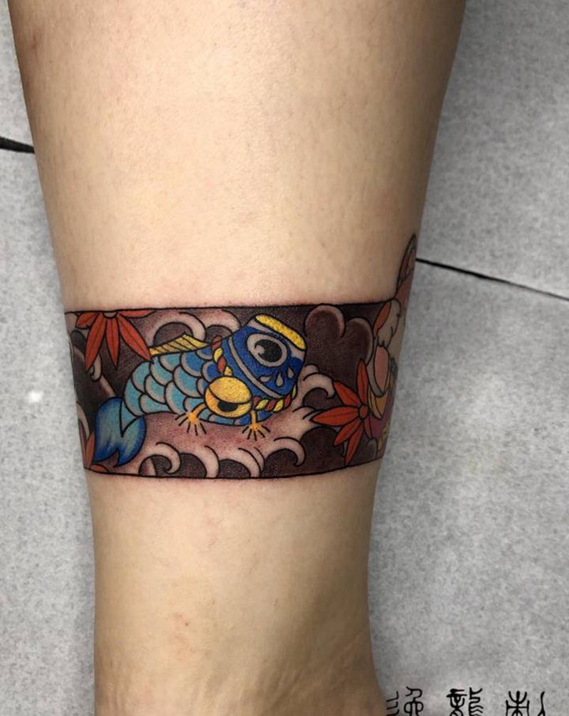 日式脚环纹身图片_腿部老传统脚踝招财猫纹身图案