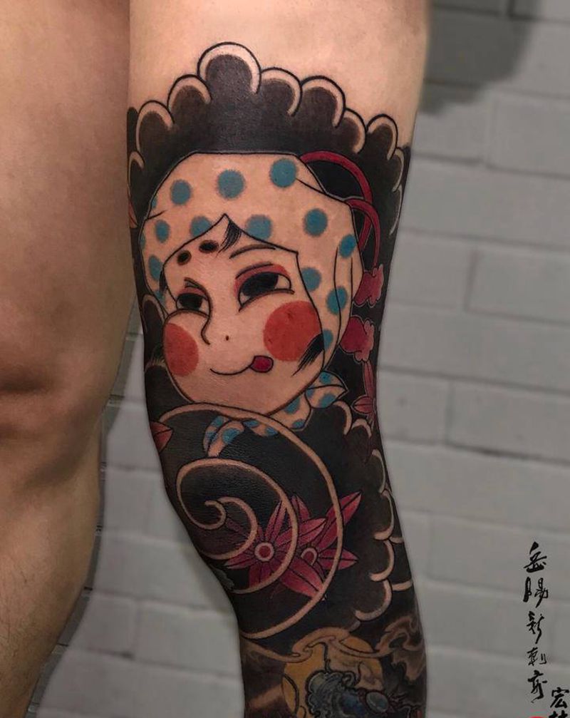 火男 阿多福纹身图片_腿部老传统纹身图案