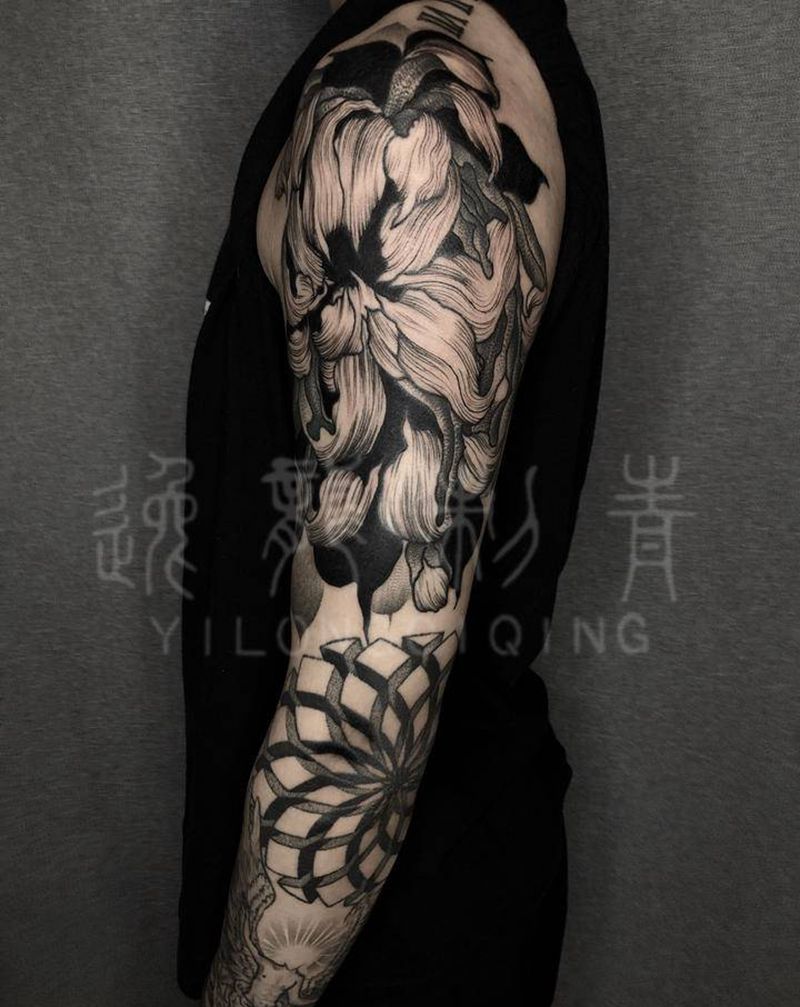 暗黑花臂纹身图片_手臂点刺几何暗黑纹身图案