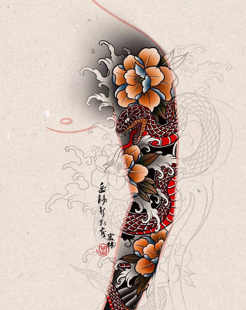 蛇纹身图片_手臂新传统纹身图案