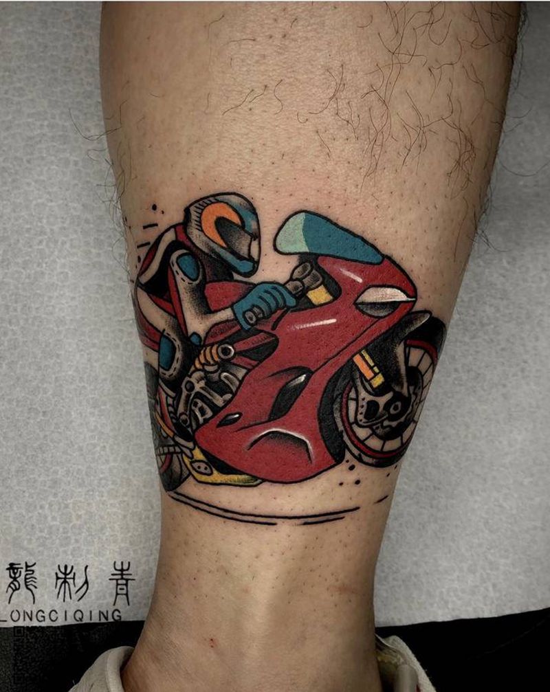 原创设计，感谢信任纹身图片_腿部Old School摩托车机车脚踝纹身图案
