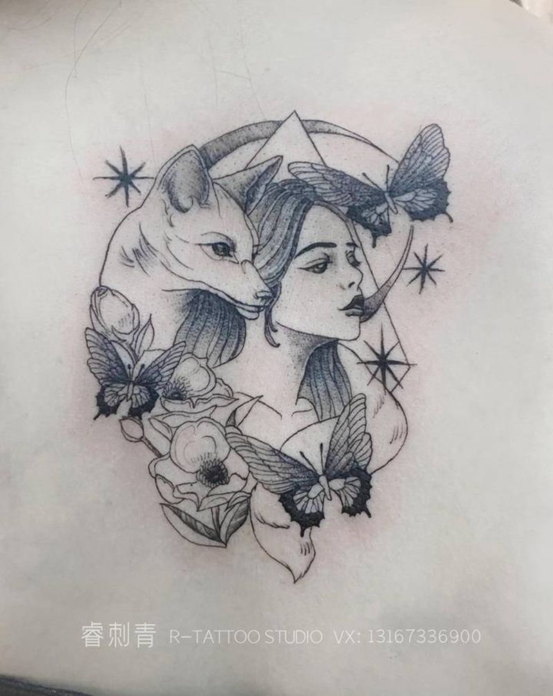 狐狸与女孩纹身图片_背部纹身图案