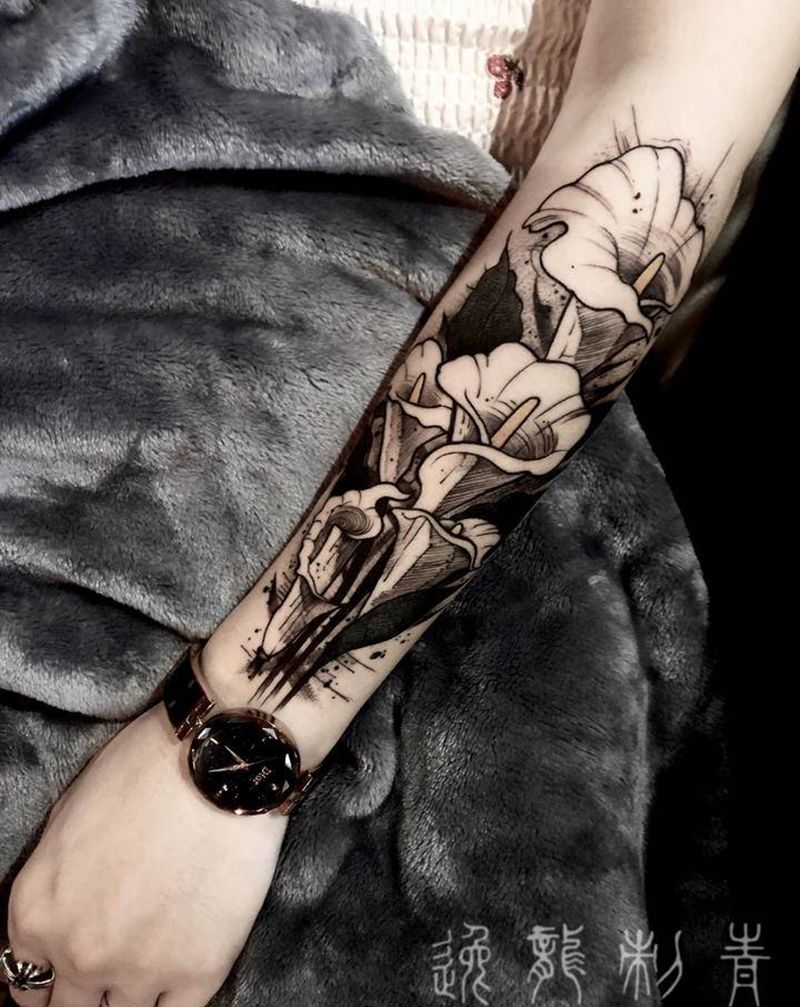 百合暗黑纹身图片_手臂点刺水墨百合暗黑纹身图案