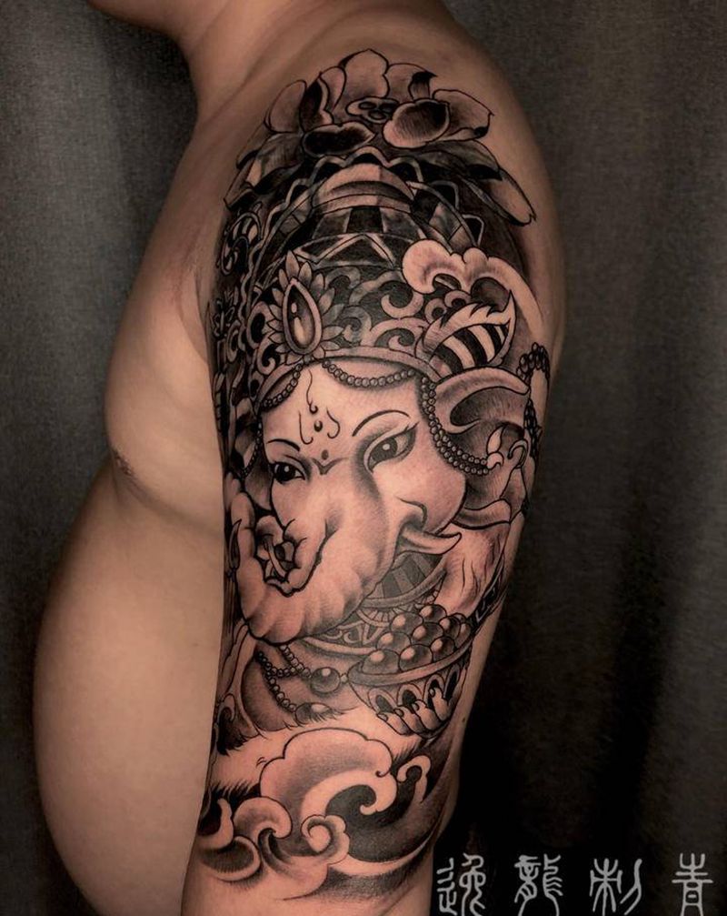 新传统象神,遮盖纹身图片_手臂新传统象神新传统遮盖纹身图案