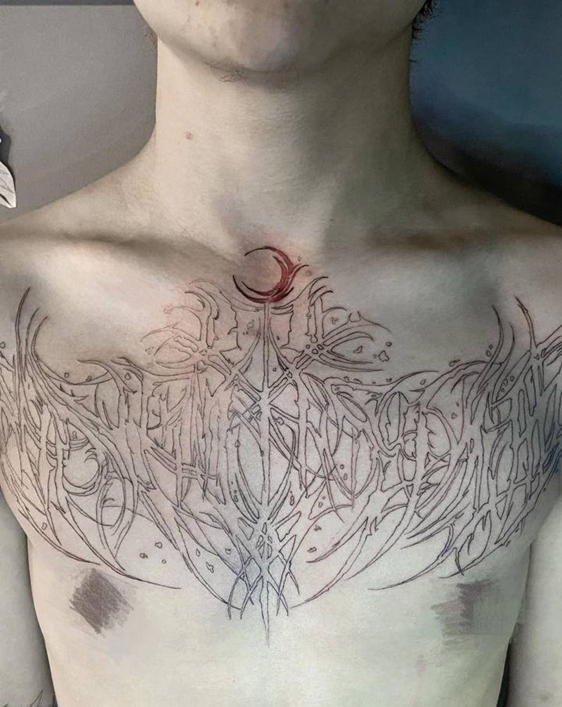 暗黑花体字线条纹身图片_胸部花体字纹身图案