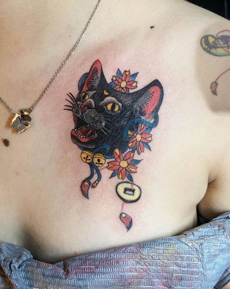 猫遮盖纹身图片_胸部纹身图案