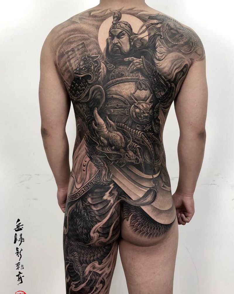 。纹身图片_背部腿部新传统欧美写实关羽纹身图案