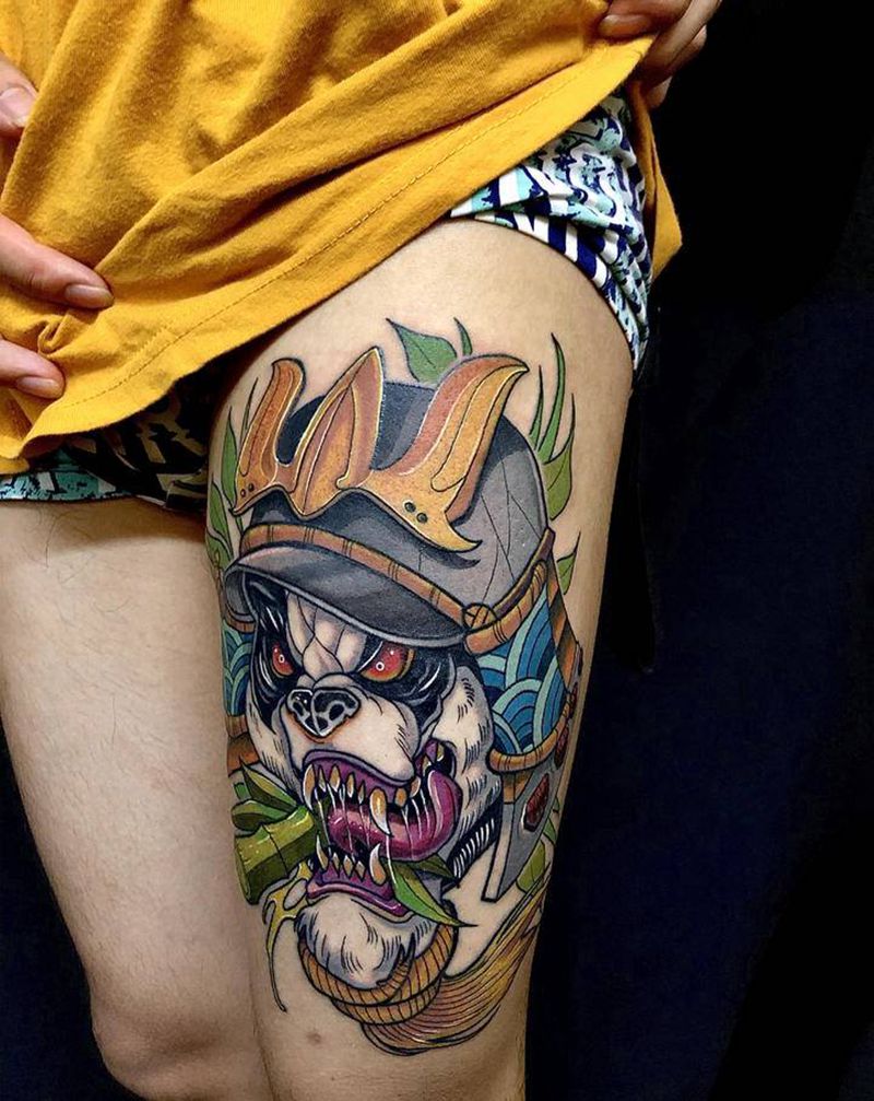 熊猫武士纹身图片_腿部New School纹身图案