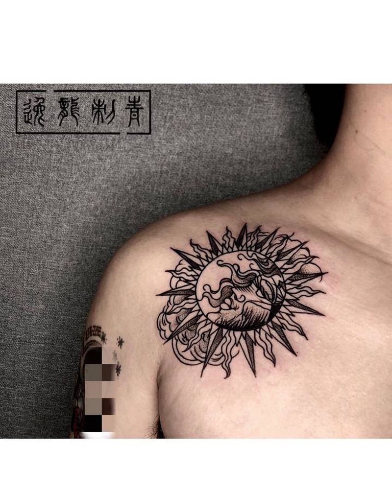 暗黑月亮太阳纹身图片_肩部点刺太阳月亮纹身图案