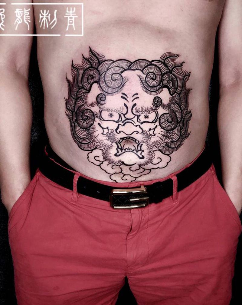 腹部唐狮纹身图片_腹部新传统唐狮纹身图案