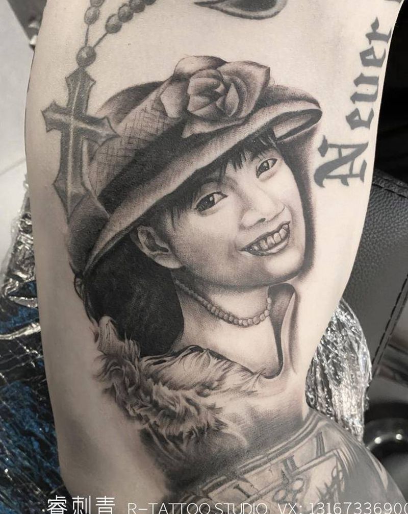母亲肖像纹身图片_手臂欧美写实纹身图案