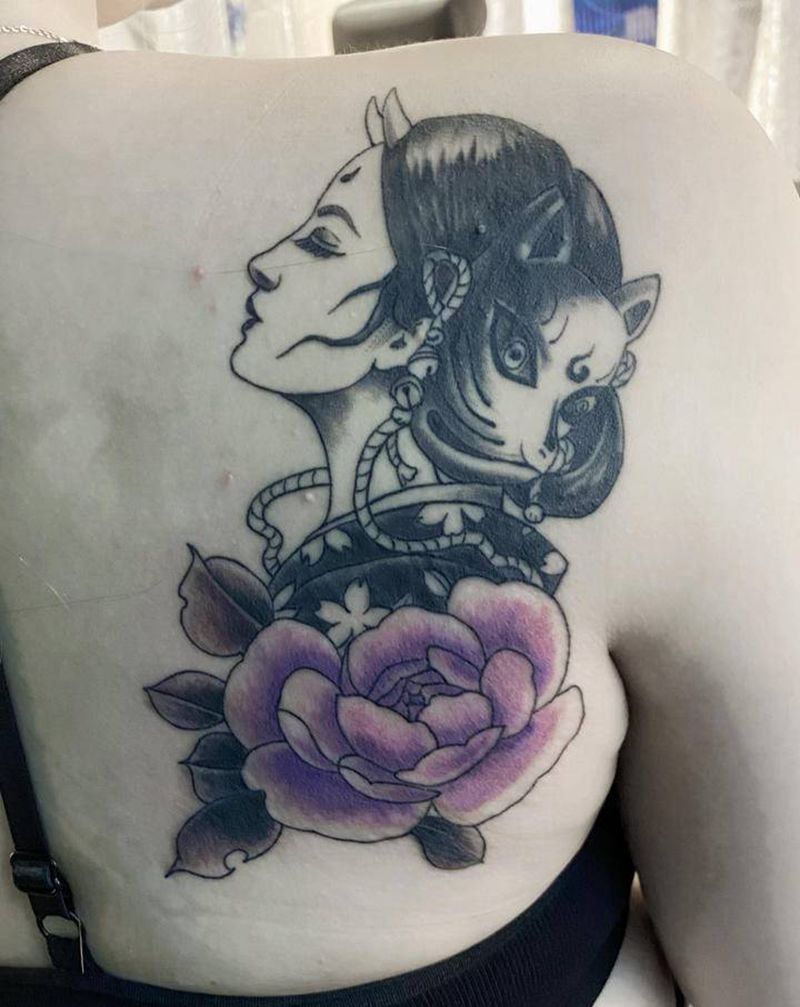 艺伎遮盖纹身图片_背部老传统纹身图案