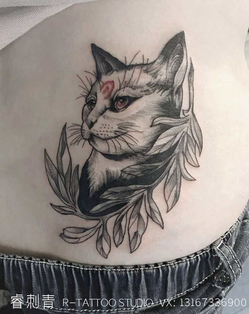 猫 遮盖纹身图片_腰部纹身图案