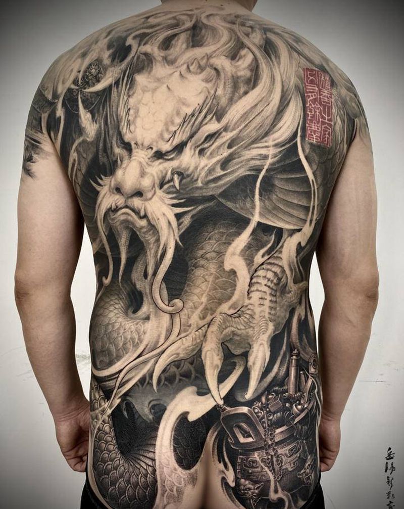 龙炽1纹身图片_背部胸部新传统欧美写实龙纹身图案