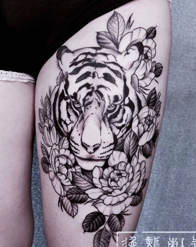 老虎+素花纹身图片_点刺纹身图案