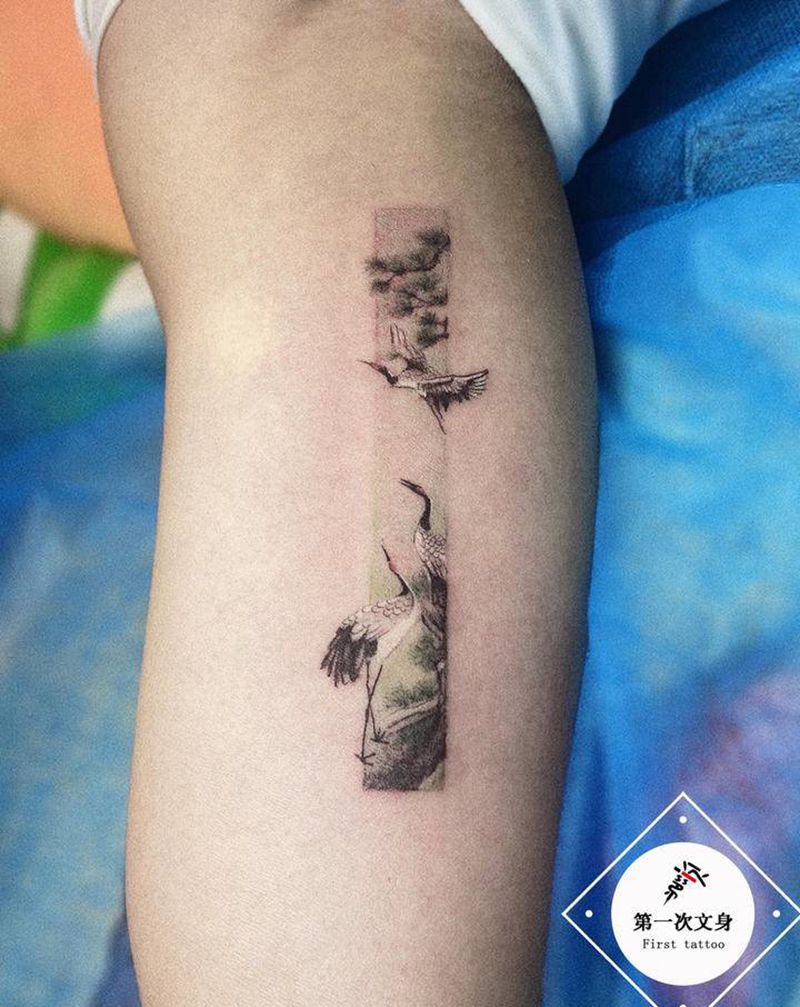 仙鹤纹身图片_手臂水墨纹身图案