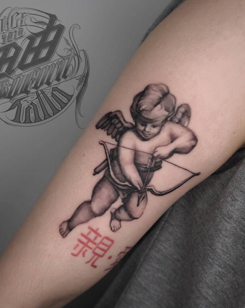 写实丘比特纹身图片_手臂欧美写实纹身图案