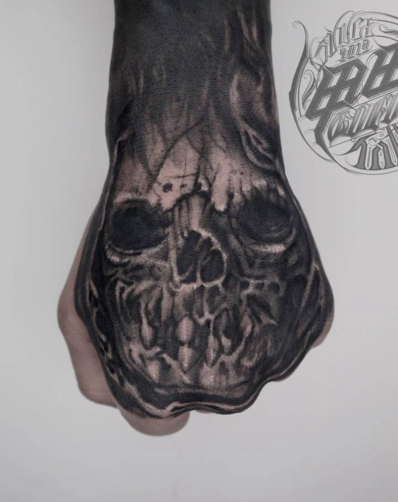 暗黑骷髅纹身图片_手部欧美写实纹身图案