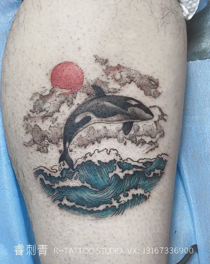 鲸鱼纹身图片_腿部点刺纹身图案