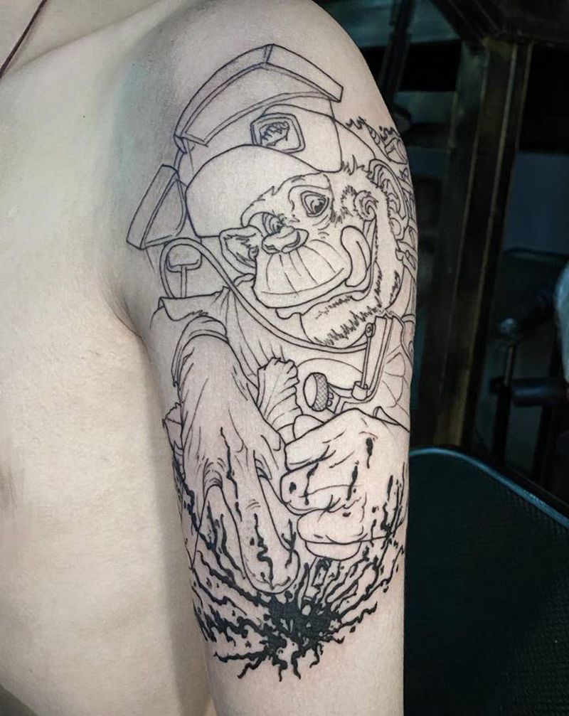 猴子线条纹身图片_手臂New School纹身图案