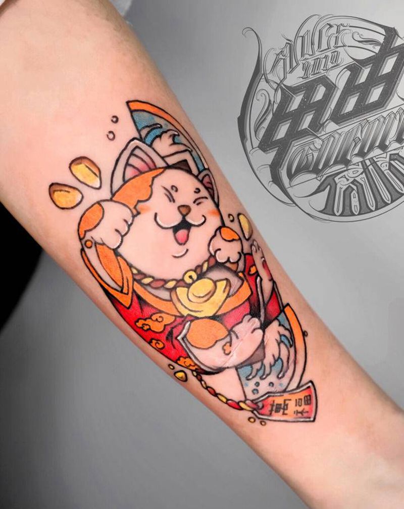 招财猫纹身图片_手臂New School纹身图案