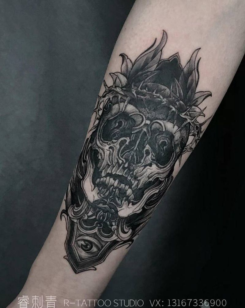 骷髅遮盖纹身图片_手臂欧美写实New School纹身图案