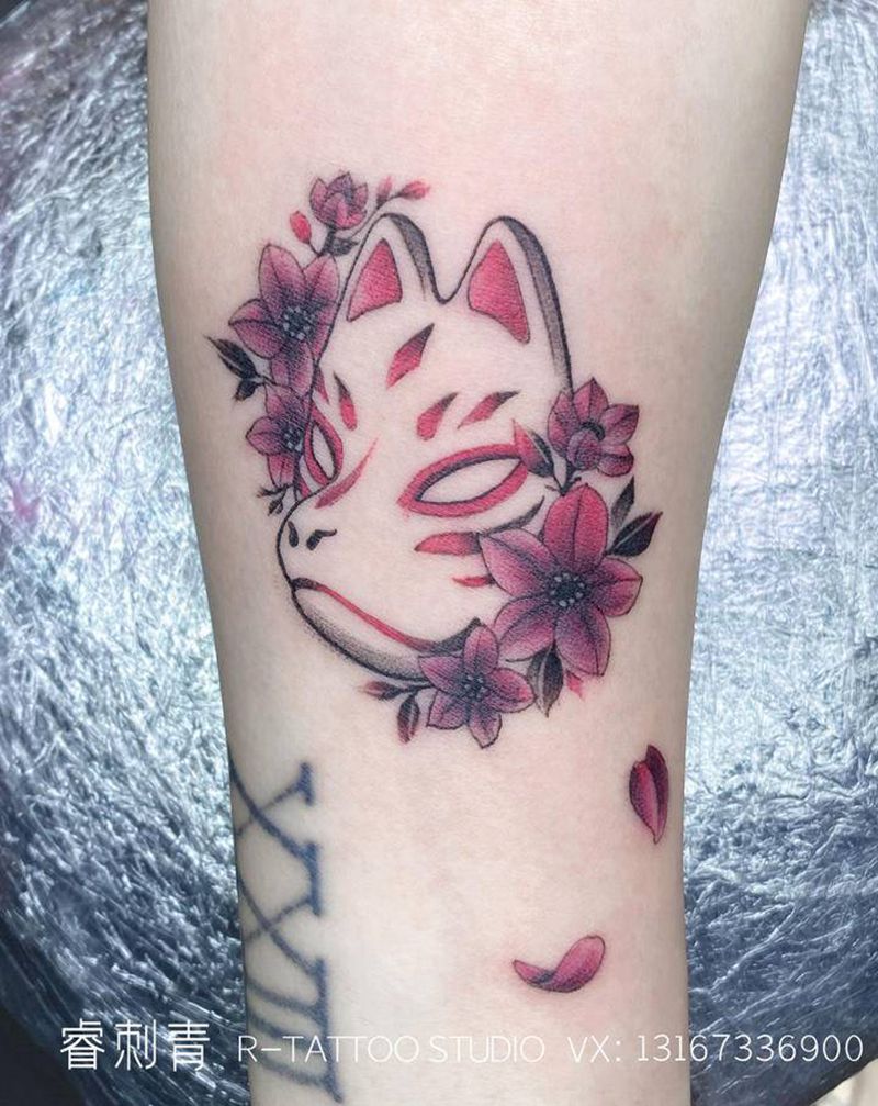 狐狸面具纹身图片_手臂水彩纹身图案