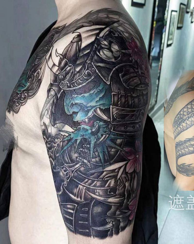 鬼武士遮盖过肩龙纹身图片_手臂新传统纹身图案