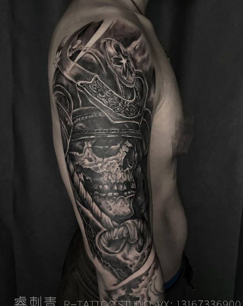骷髅武士纹身图片_手臂新传统欧美写实纹身图案