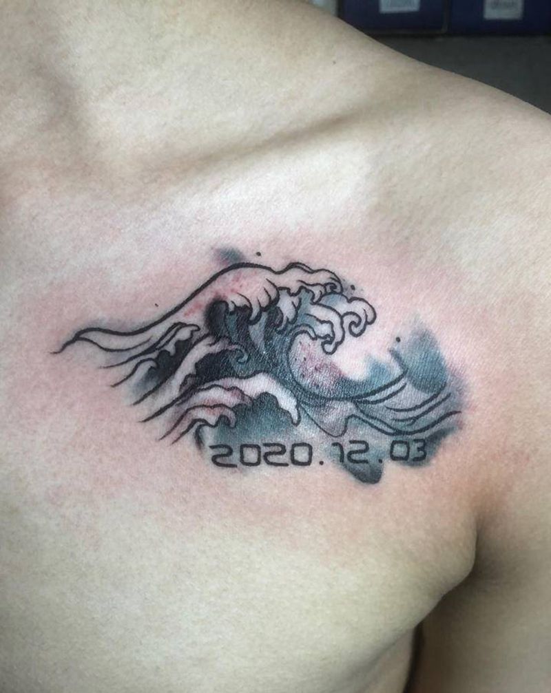 山海 胸口，生日。纹身图片_胸部纹身图案