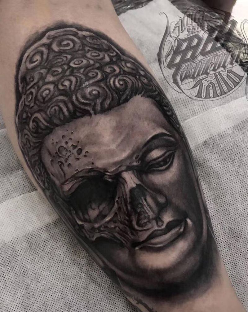 暗黑佛头纹身图片_腿部欧美写实纹身图案