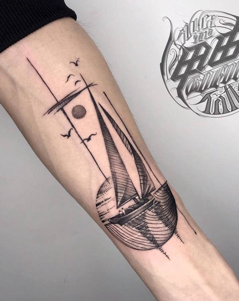 几何帆船纹身图片_手部手臂几何点刺纹身图案