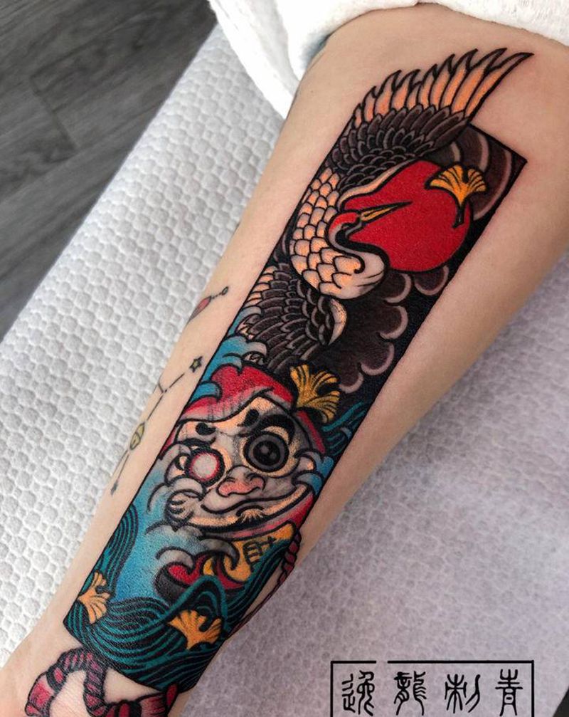 日式小图遮盖纹身图片_手臂老传统达摩仙鹤纹身图案