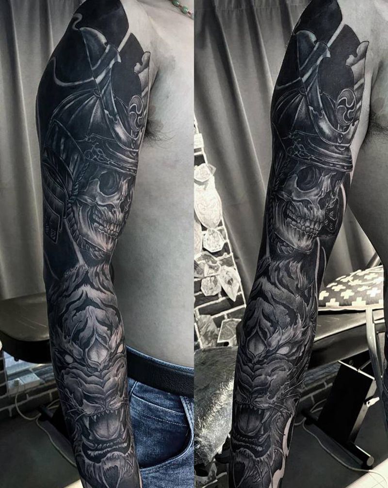 骷髅老虎花臂遮盖纹身图片_手臂新传统纹身图案