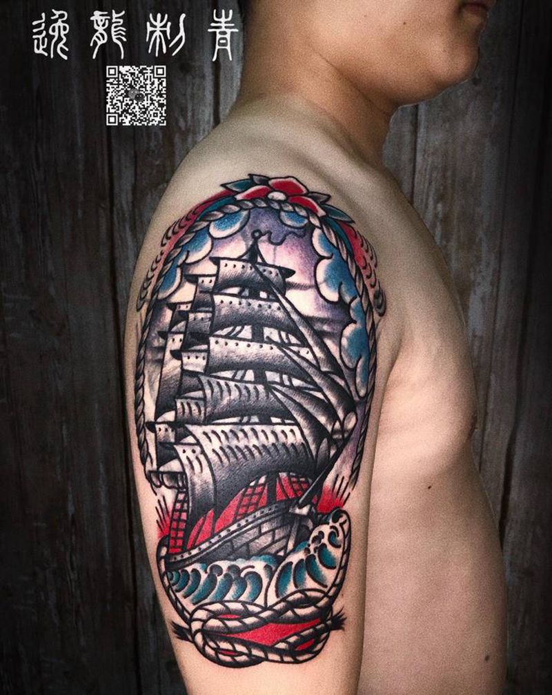 old school遮盖纹身图片_Old School帆船纹身图案