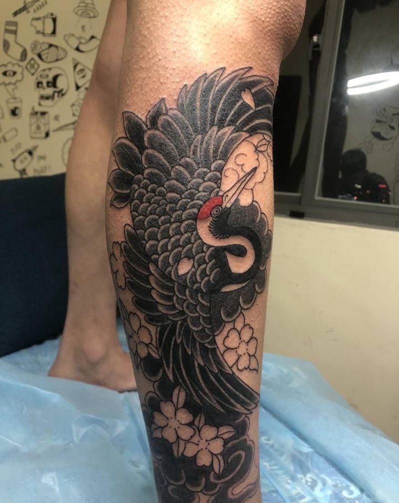 老传统小腿鹤纹身图片_脚部腿部老传统纹身图案