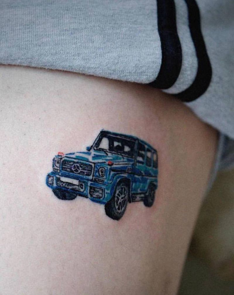 MINI吉普纹身图片_腿部New School水彩纹身图案