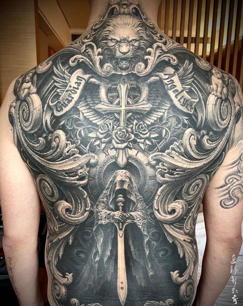 《守护-最后的审判》纹身图片_背部手臂新传统欧美写实死神天使纹身图案