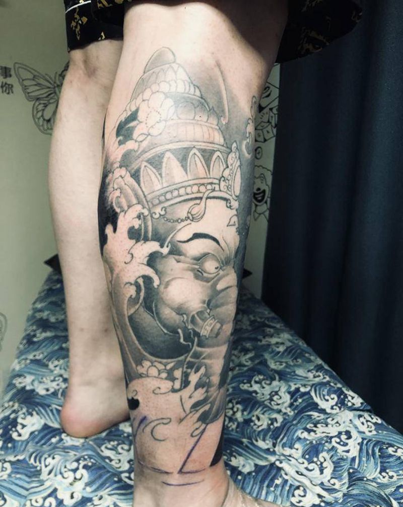 小腿象神 恢复后纹身图片_腿部脚部新传统纹身图案