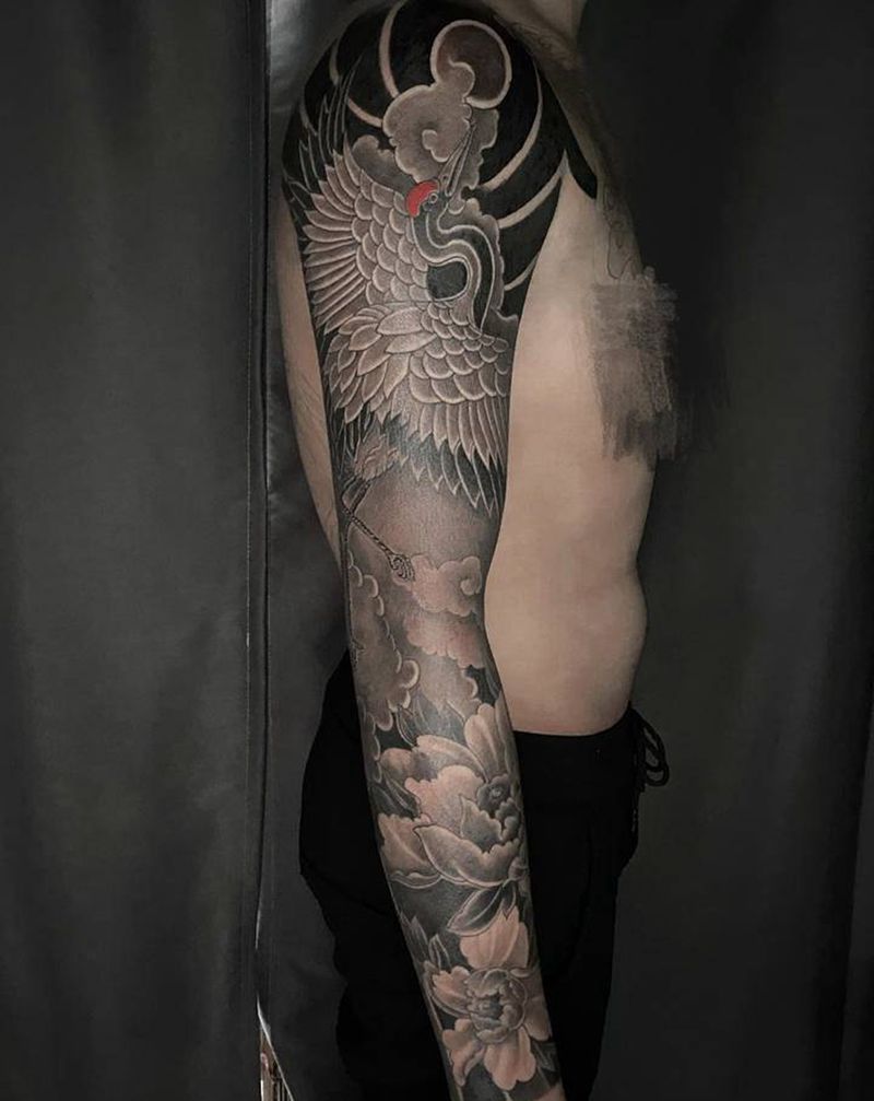 传统鹤臂纹身图片_手臂老传统新传统纹身图案