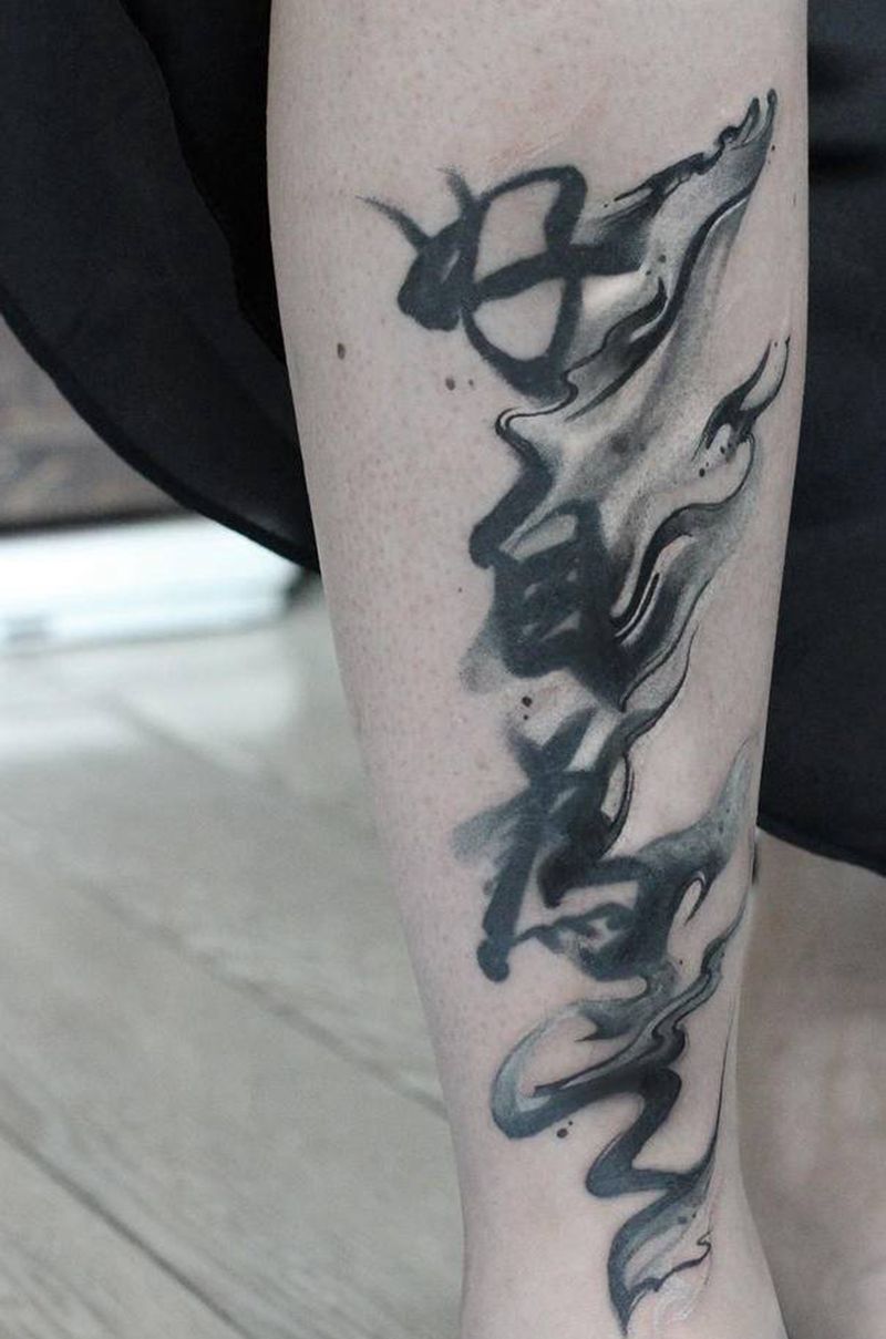 好自为之纹身图片_腿部水墨水墨纹身图案