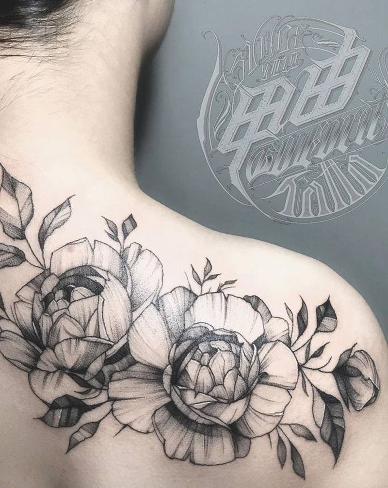 素花作品纹身图片_肩部素花纹身图案