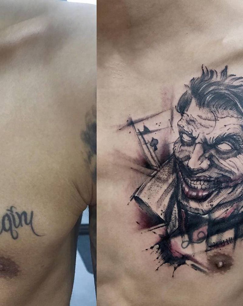 遮盖 暗黑小丑纹身图片_胸部纹身图案