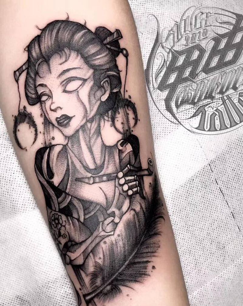 暗黑风格艺妓纹身图片_手臂点刺纹身图案