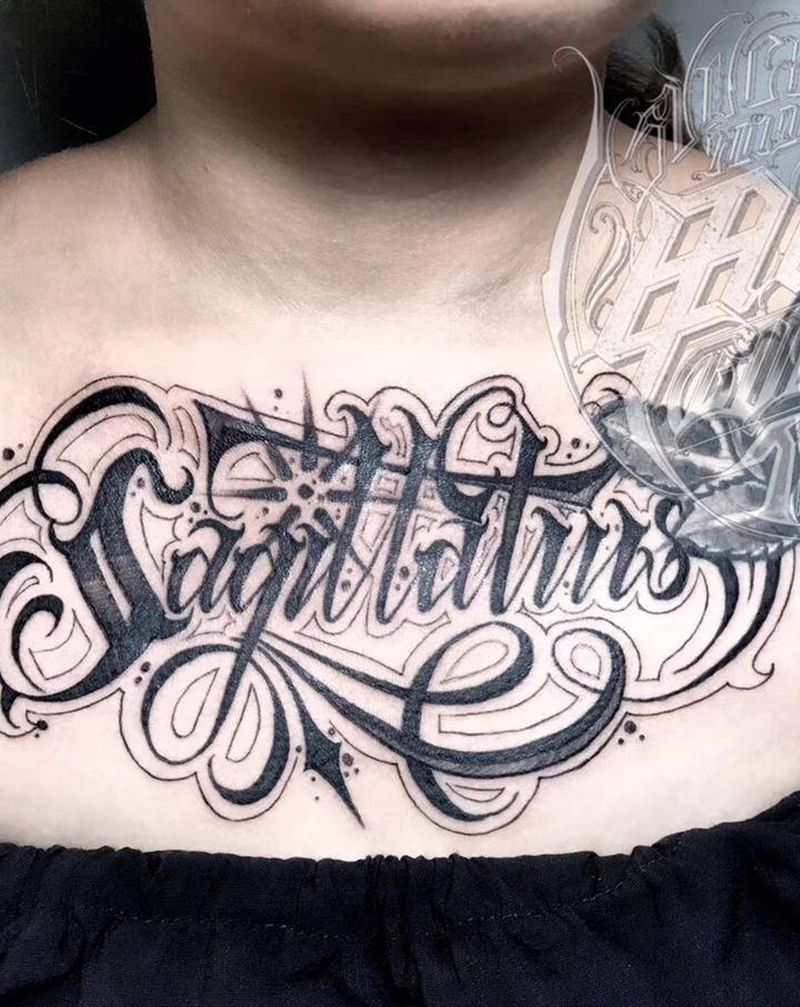 射手座纹身图片_胸部花体字纹身图案
