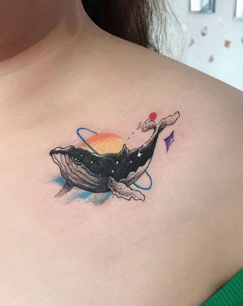 鲸  。遮盖纹身图片_胸部新传统纹身图案