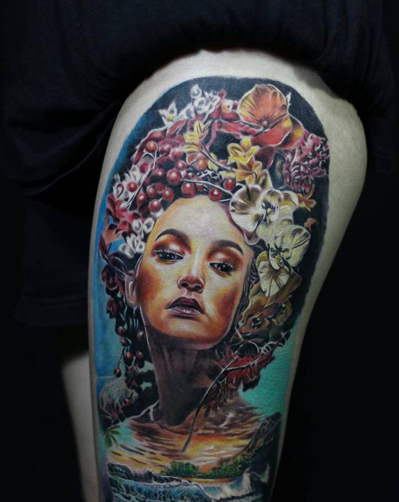 欧美写实纹身图片_腿部欧美写实纹身图案