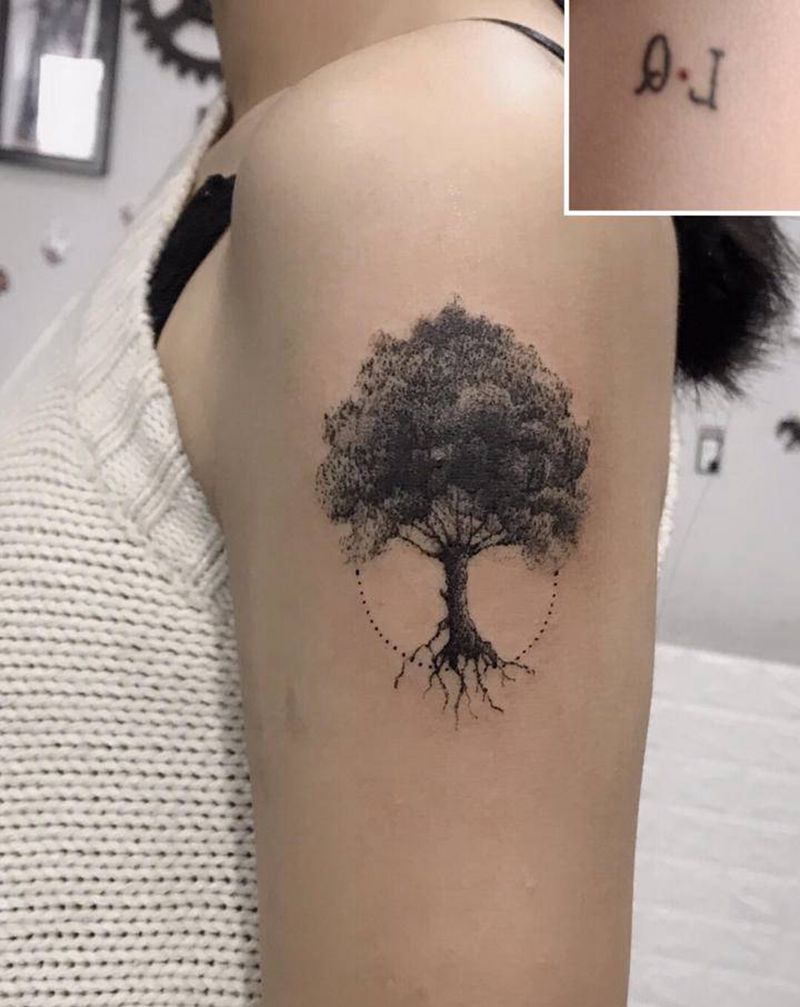 树 。遮盖纹身图片_手臂手部水墨点刺纹身图案